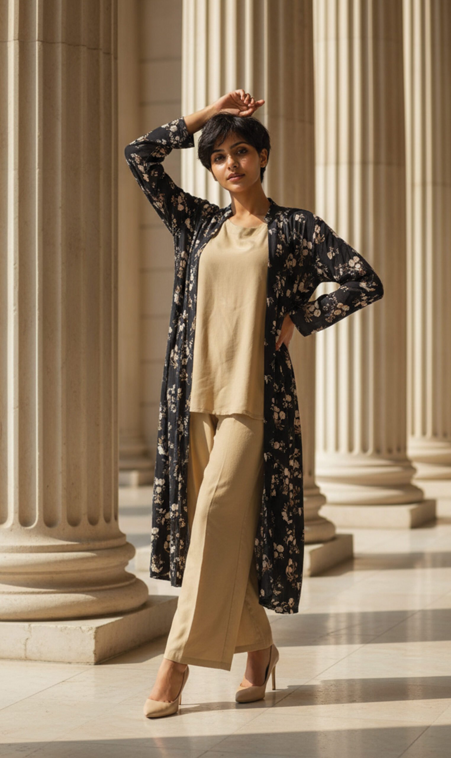 Classic Beige 2-Piece Set with Black Floral Coat