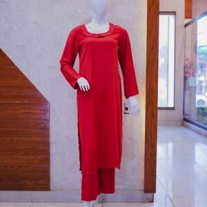 Classic Red Co-Ord Set with Pleated Neckline
