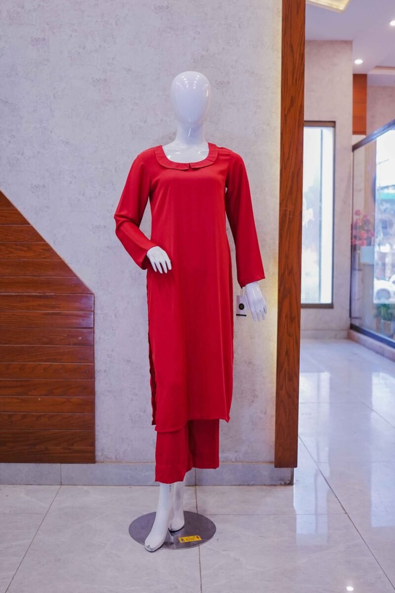 Classic Red Co-Ord Set with Pleated Neckline