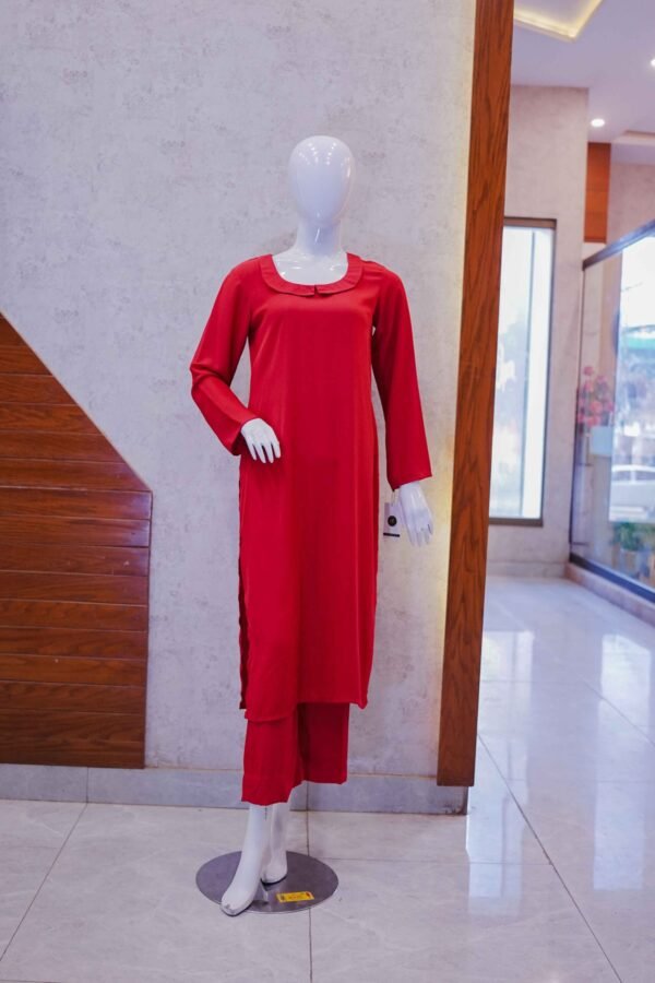 Classic Red Co-Ord Set with Pleated Neckline