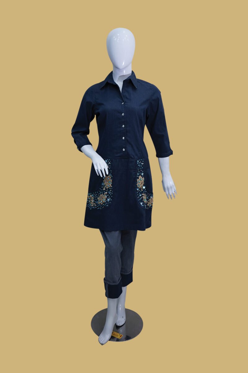 Dark Denim Style Kurti Suit with Embroidered Pockets