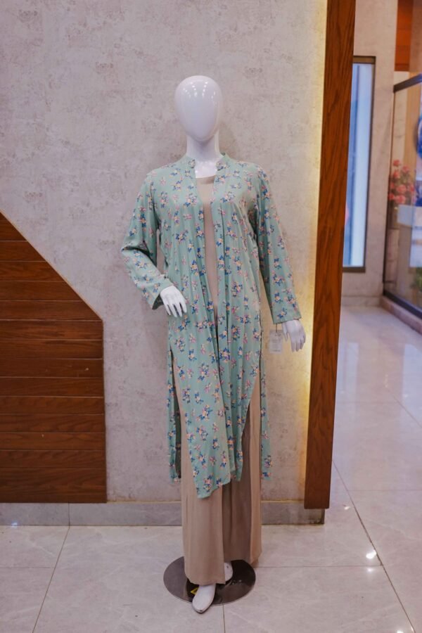 Elegant Beige Two-Piece Set with Pastel Green Floral Coat
