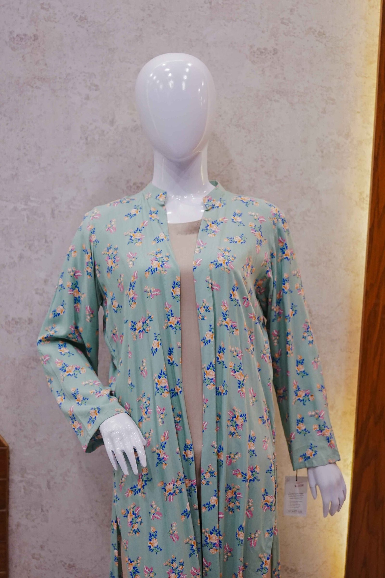 Elegant Beige Two-Piece Set with Pastel Green Floral Coat