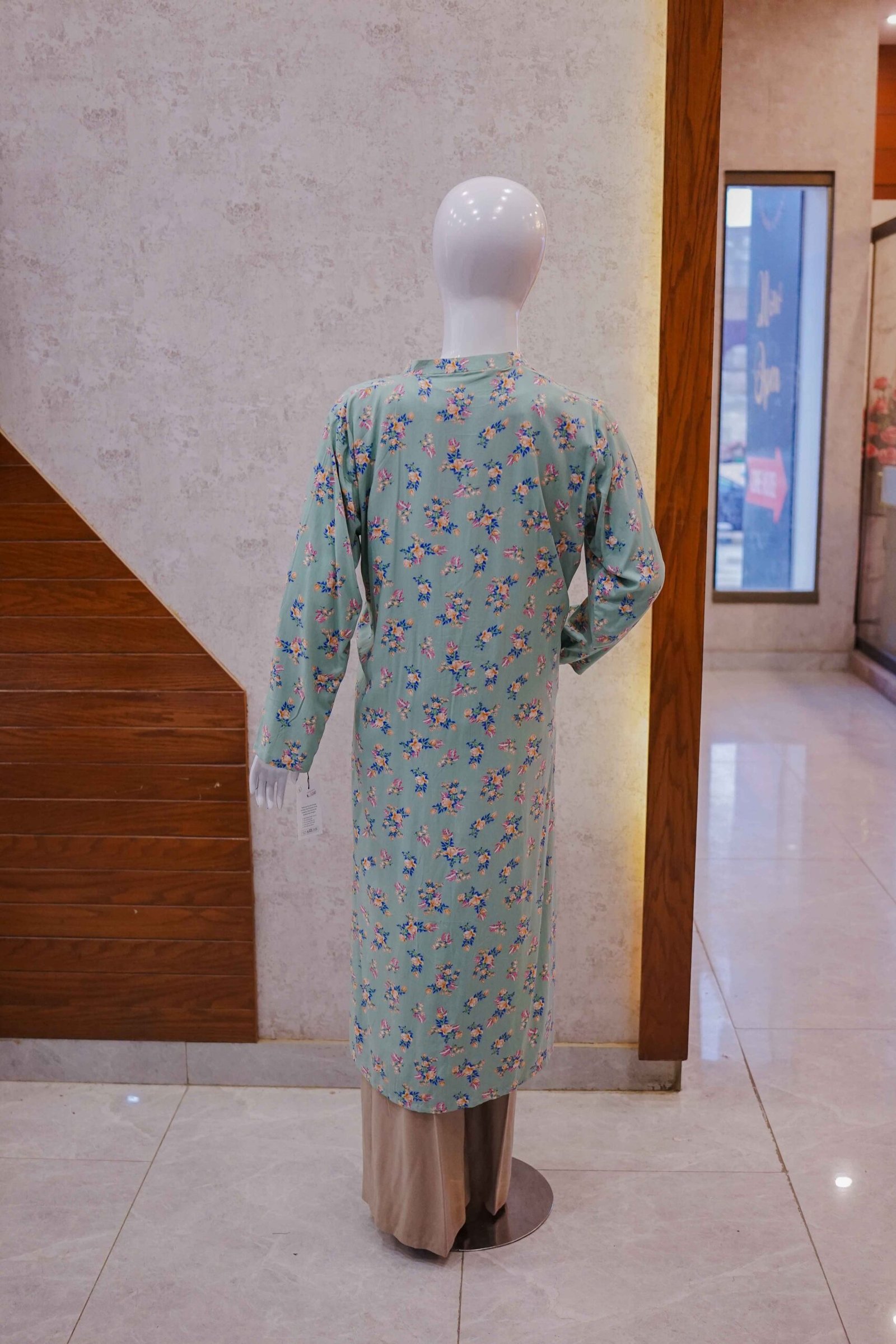 Elegant Beige Two-Piece Set with Pastel Green Floral Coat