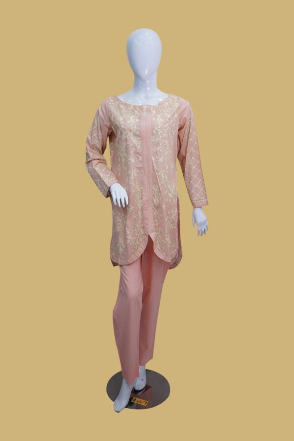Elegant Peach Floral Embroidered Tunic Set