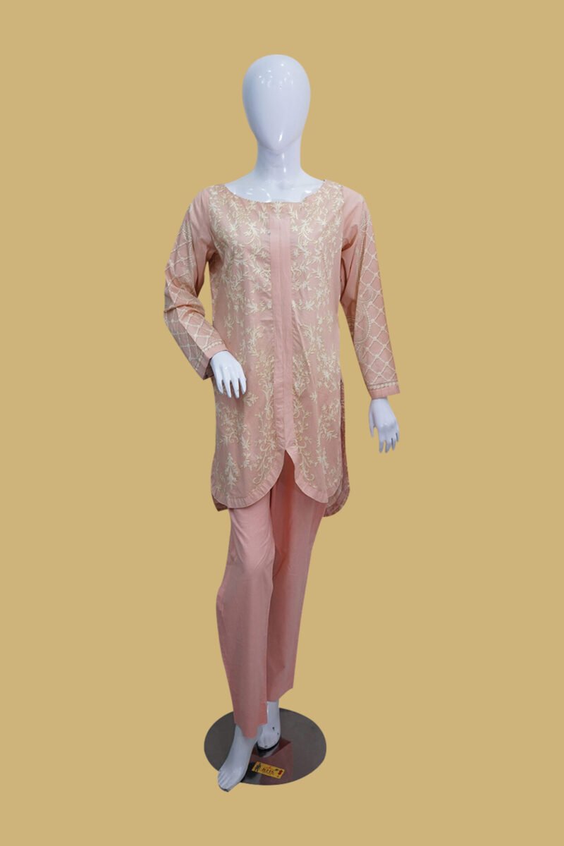Elegant Peach Floral Embroidered Tunic Set
