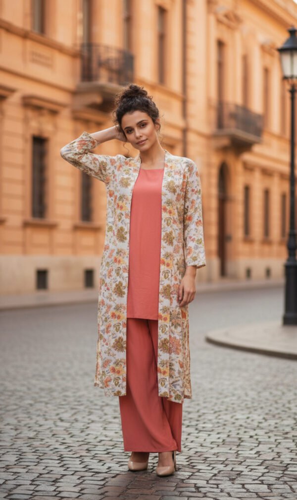 Elegant Rust 2-Piece Set with Floral Long Coa