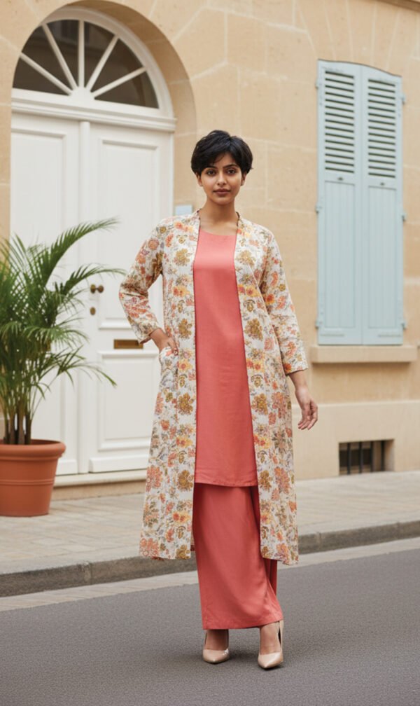 Elegant Rust 2-Piece Set with Floral Long Coa
