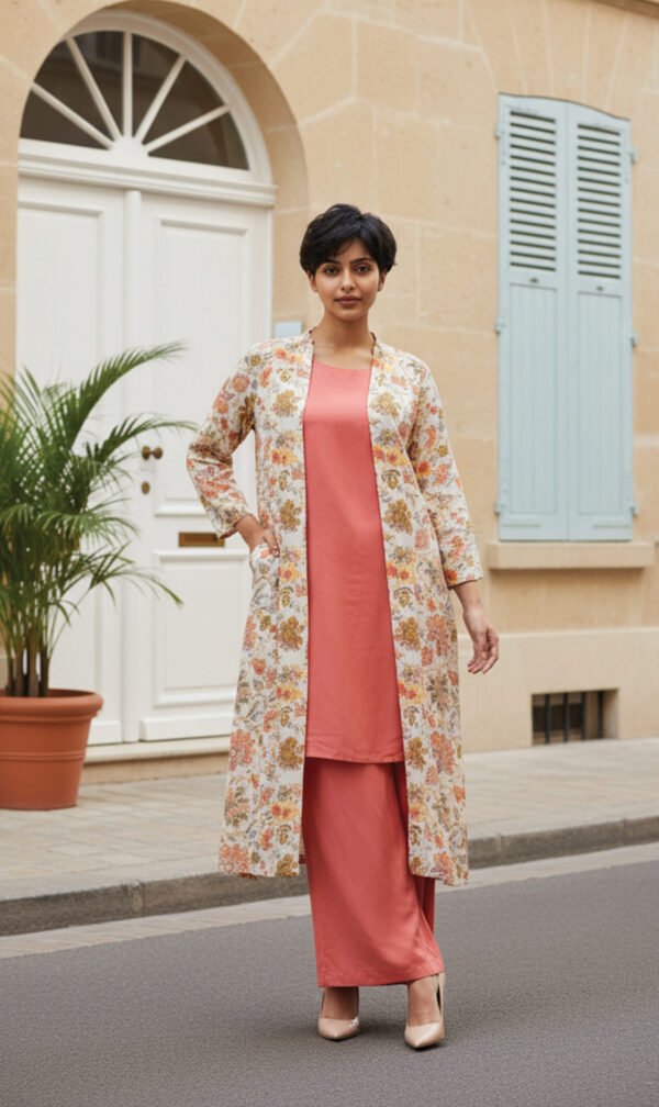 Elegant Rust 2-Piece Set with Floral Long Coa