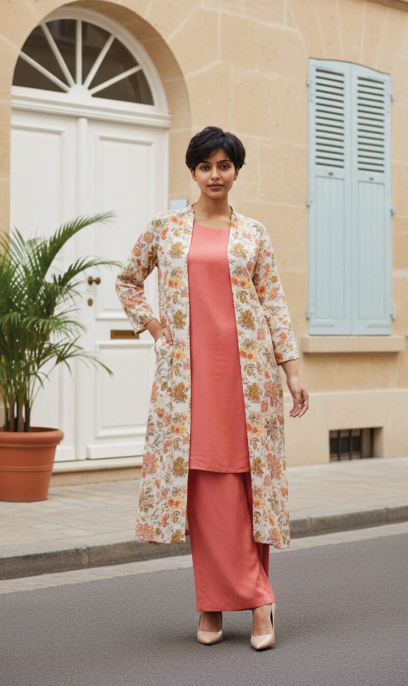 Elegant Rust 2-Piece Set with Floral Long Coa