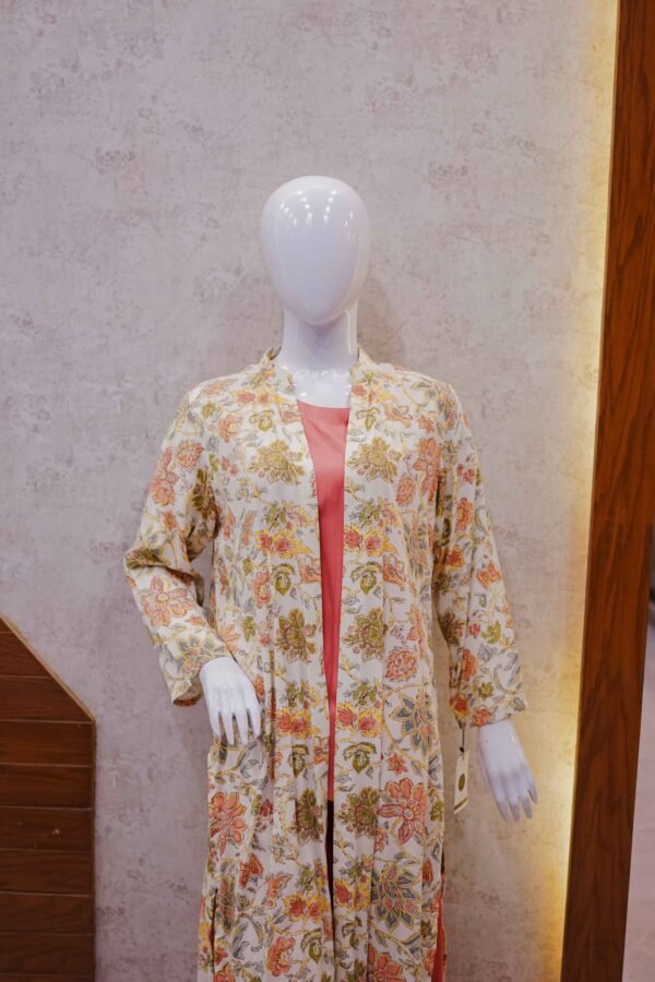 Elegant Rust 2-Piece Set with Floral Long Coat