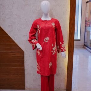 Embroidered Deep Red 2-Piece Suit with Subtle Vertical Stripes