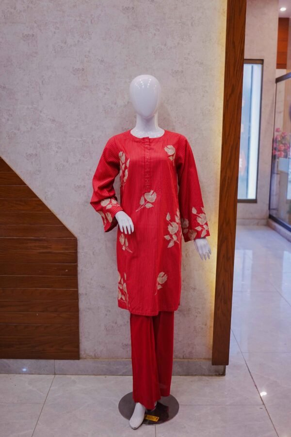 Embroidered Deep Red 2-Piece Suit with Subtle Vertical Stripes
