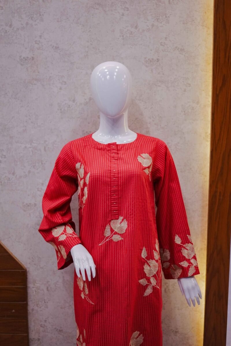 Embroidered Deep Red 2-Piece Suit with Subtle Vertical Stripes