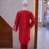 Embroidered Deep Red 2-Piece Suit with Subtle Vertical Stripes