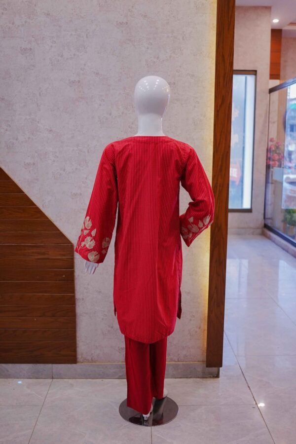 Embroidered Deep Red 2-Piece Suit with Subtle Vertical Stripes