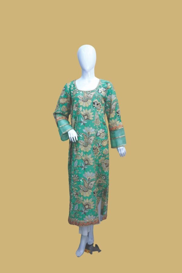 Emerald Green Floral Embroidered Shirt with Traditional Detailing