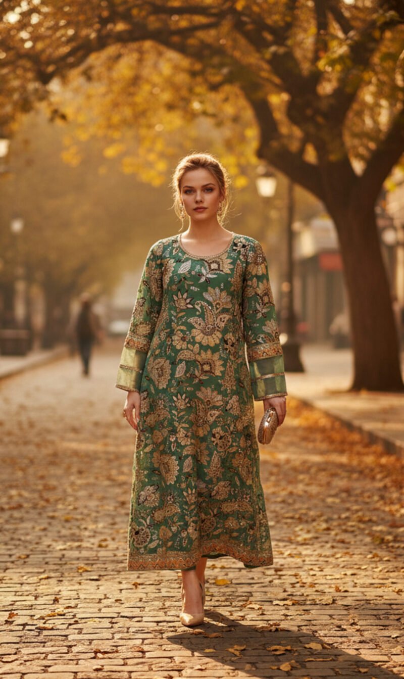 Emerald Green Floral Embroidered Shirt with Traditional Detailing