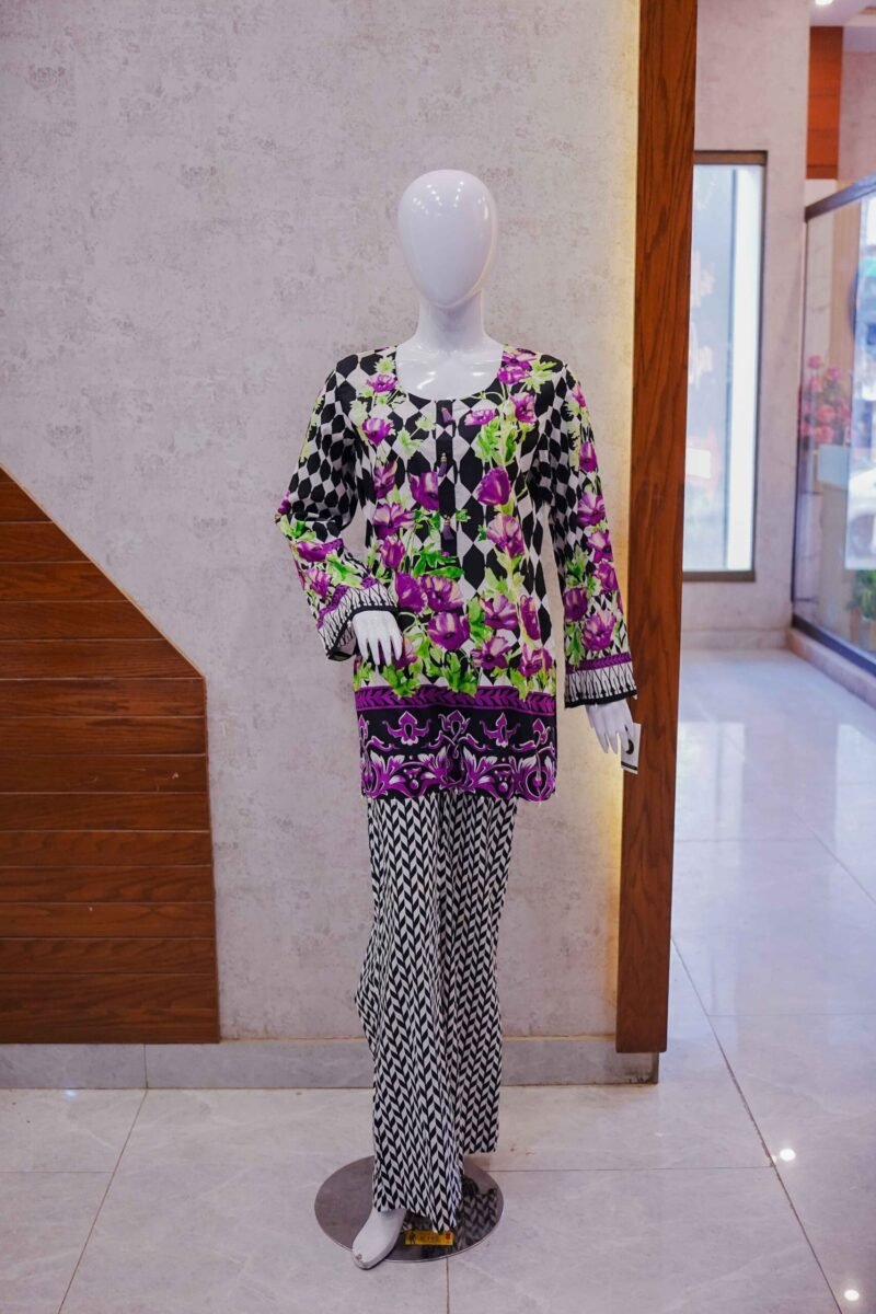Geometric Floral Fusion 2-Piece Set – Black, White & Purple