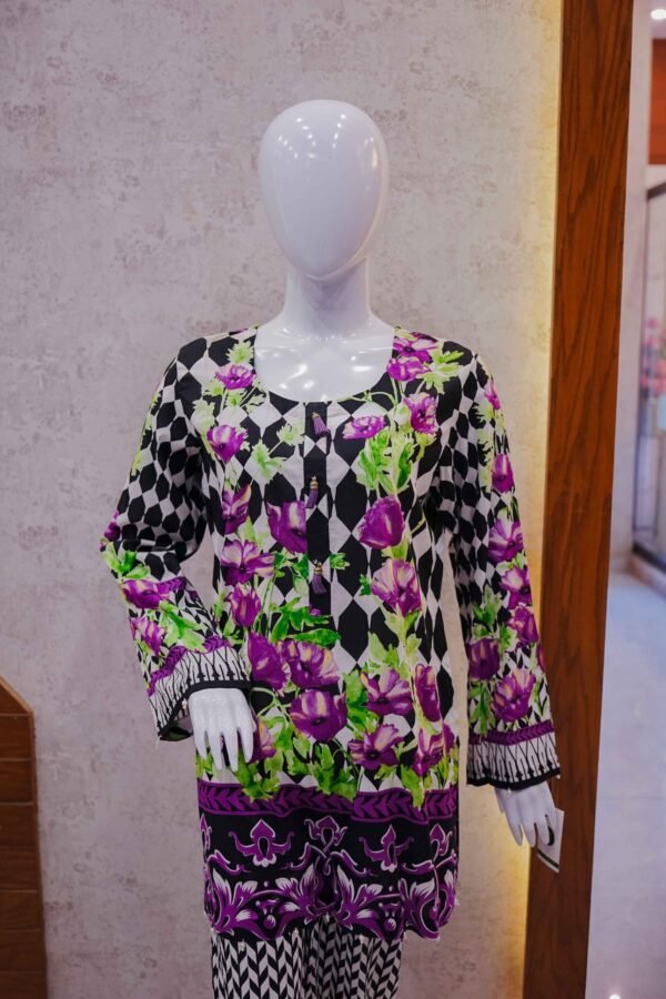 Geometric Floral Fusion 2-Piece Set – Black, White & Purple