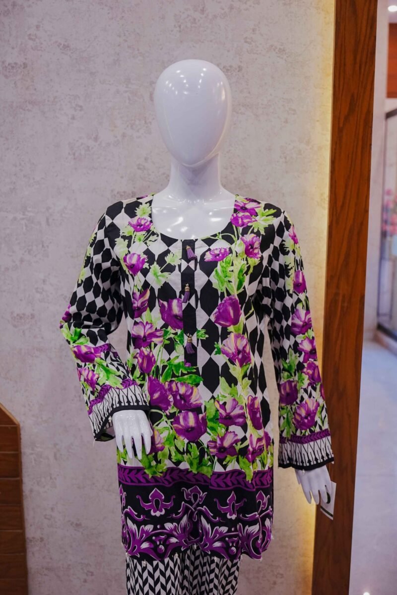 Geometric Floral Fusion 2-Piece Set – Black, White & Purple