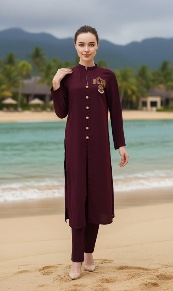 Maroon Embellished Front-Open Co-Ord Set