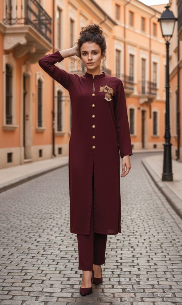 Maroon Embellished Front-Open Co-Ord Set