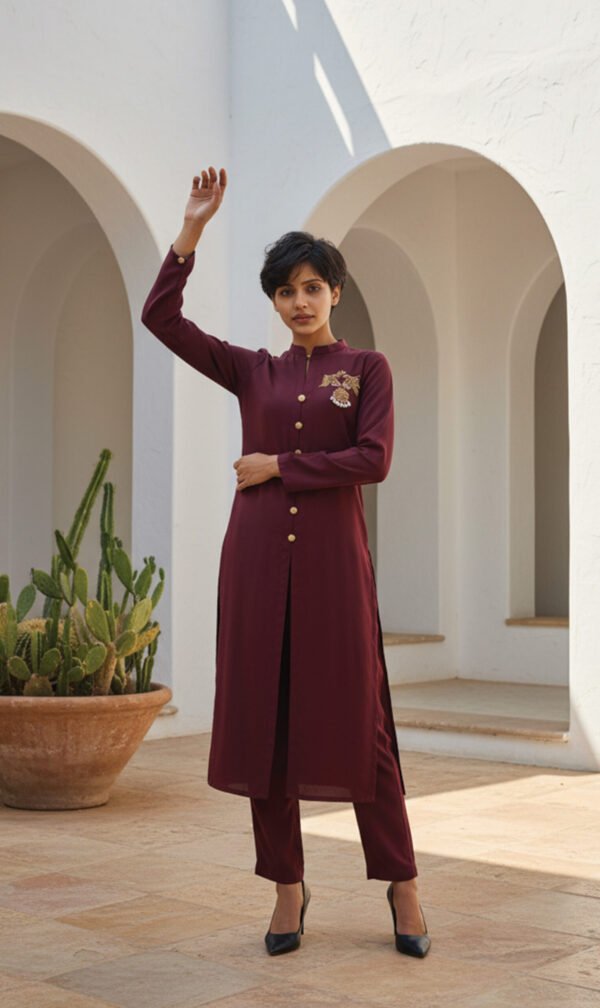 Maroon Embellished Front-Open Co-Ord Set