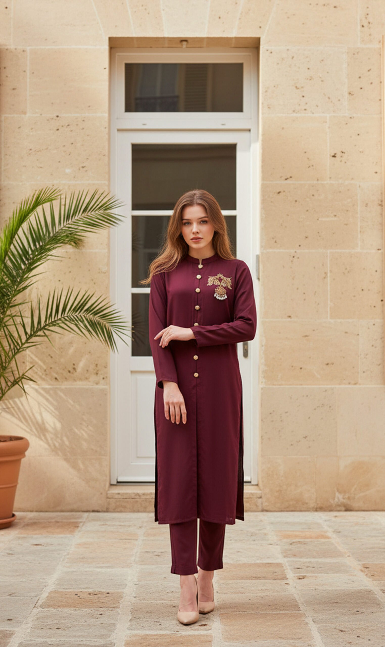 Maroon Embellished Front-Open Co-Ord Set