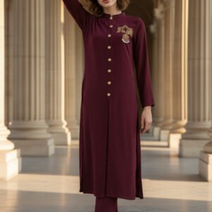 Maroon Embellished Front-Open Co-Ord Set