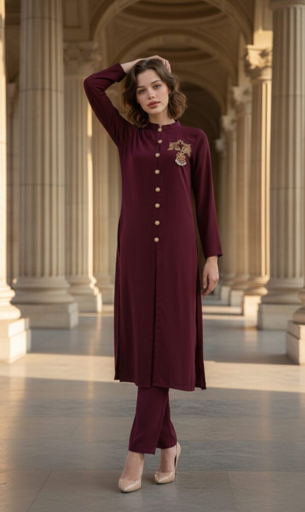 Maroon Embellished Front-Open Co-Ord Set