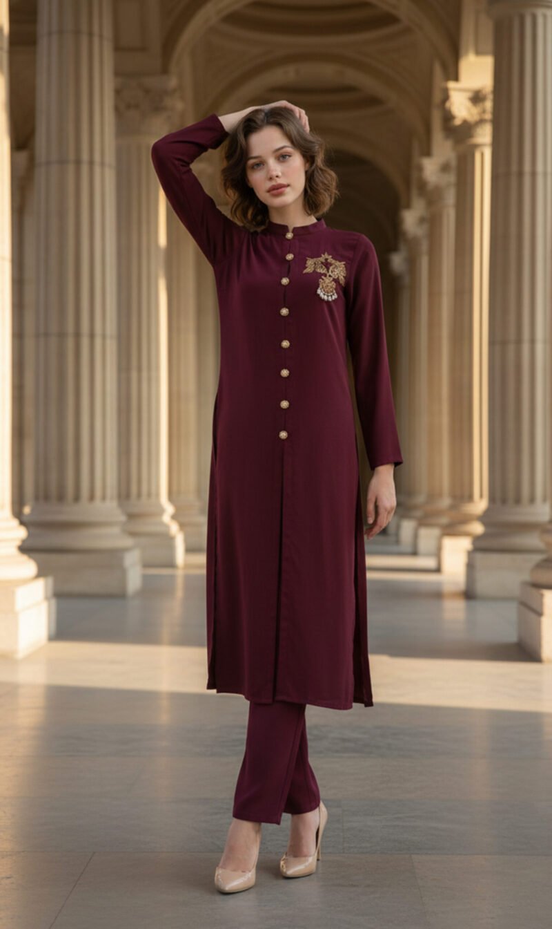 Maroon Embellished Front-Open Co-Ord Set
