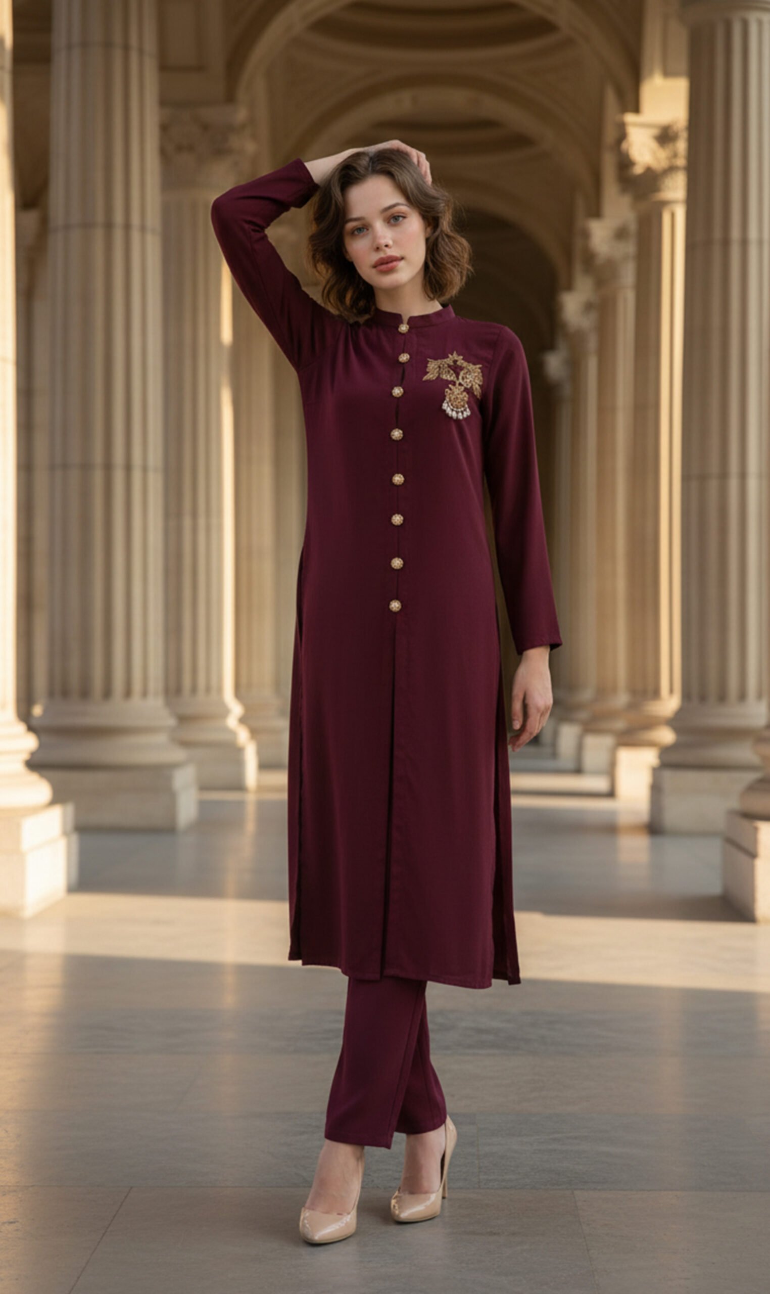 Maroon Embellished Front-Open Co-Ord Set