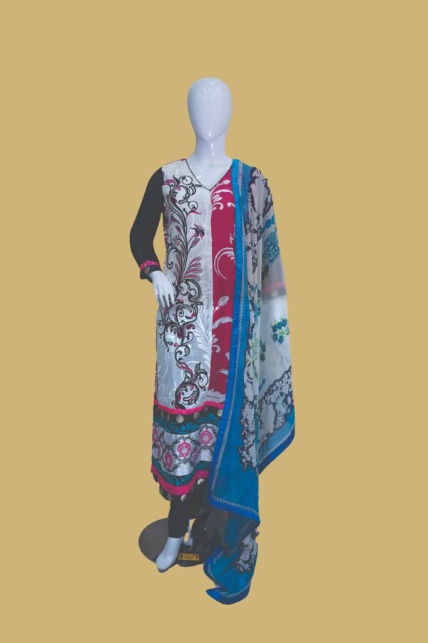 Multicolor Printed Lawn Suit with Blue Dupatta