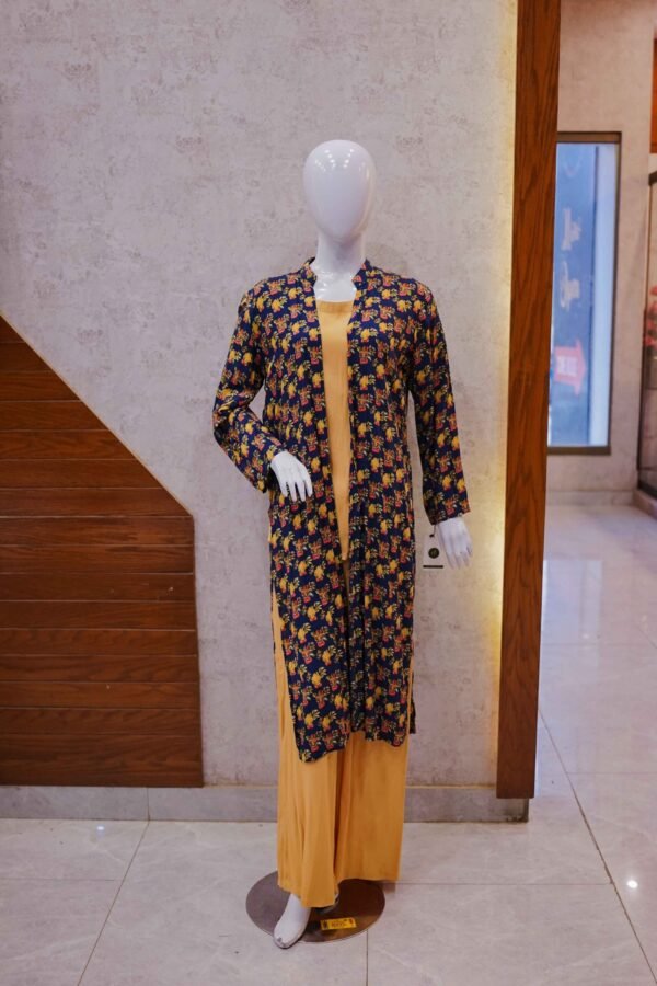Mustard 2-Piece Set with Navy Blue Floral Printed Coat
