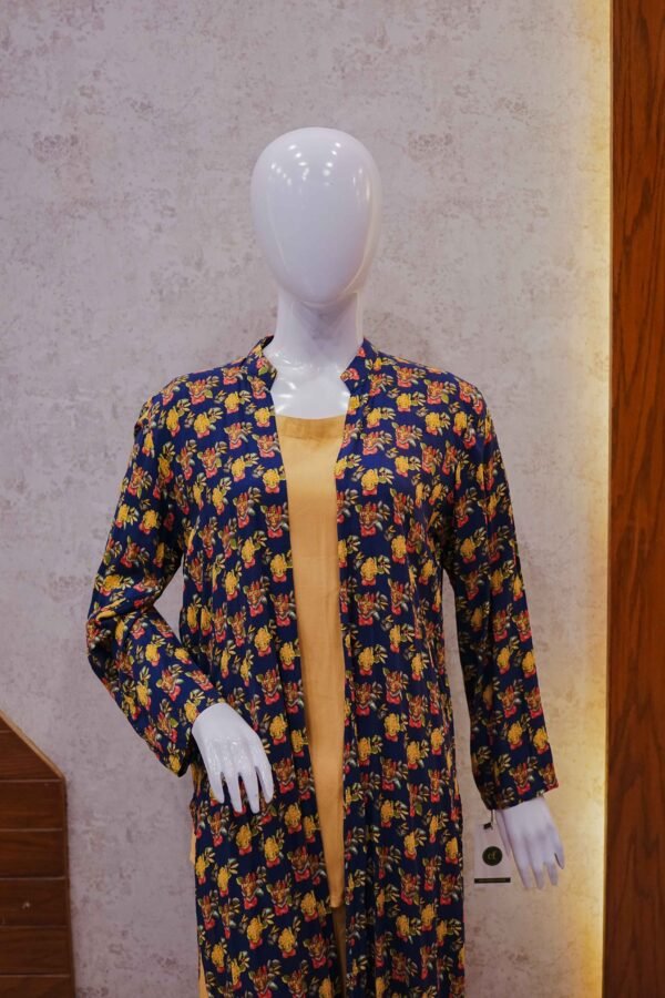 Mustard 2-Piece Set with Navy Blue Floral Printed Coat