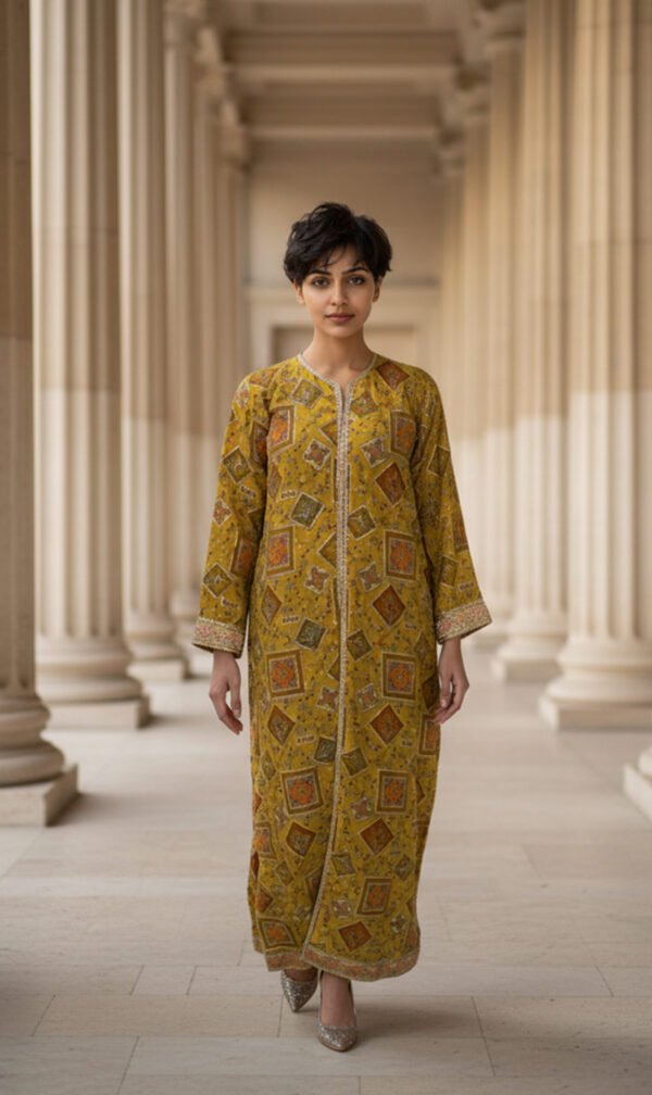 Mustard Mirror Work-Inspired Shirt with Traditional Patch Print