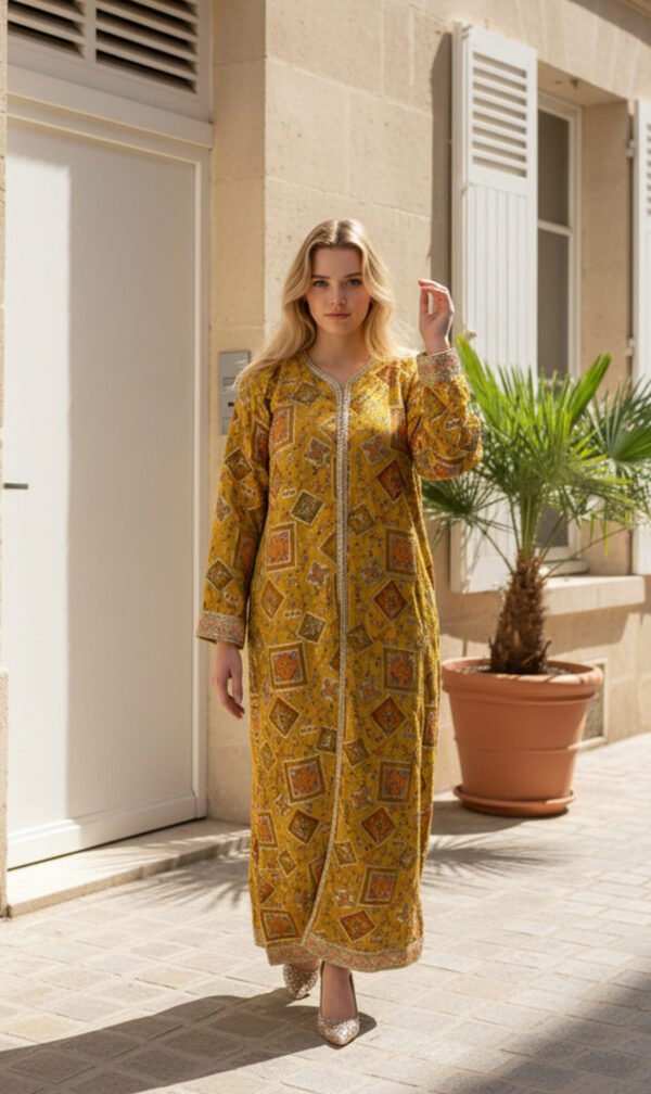 Mustard Mirror Work-Inspired Shirt with Traditional Patch Print
