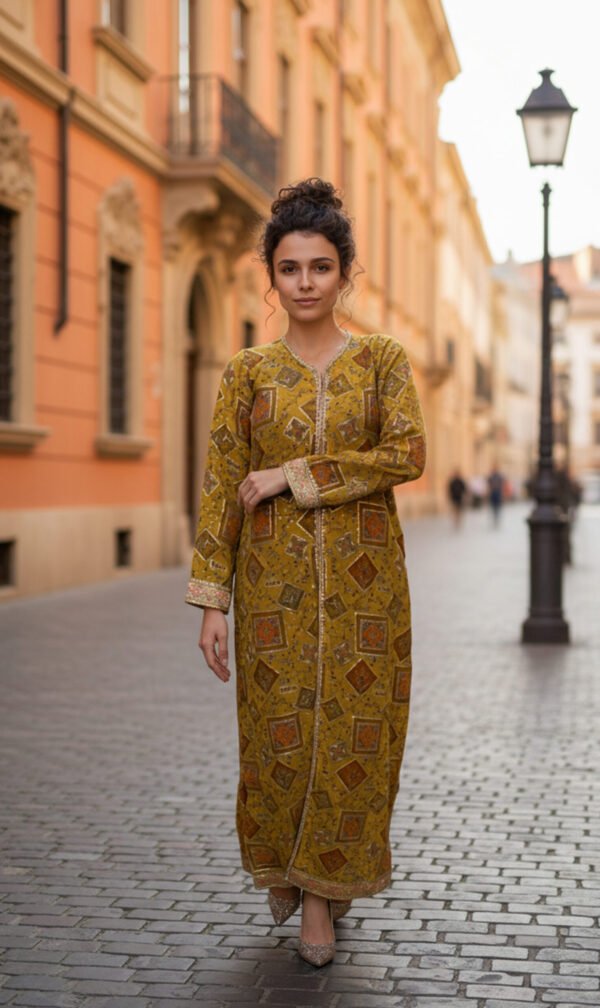 Mustard Mirror Work-Inspired Shirt with Traditional Patch Print