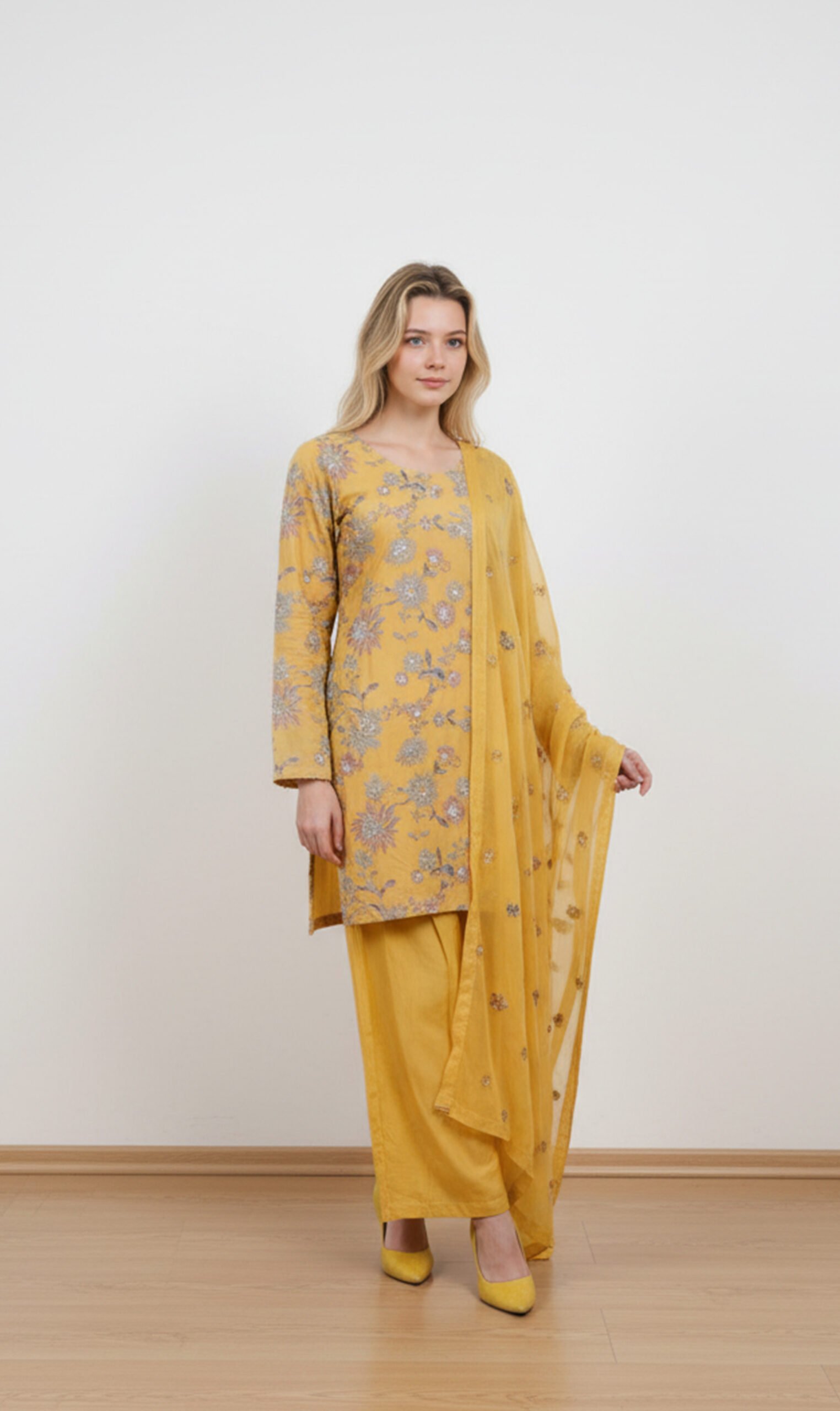 Mustard Yellow Floral Embroidered