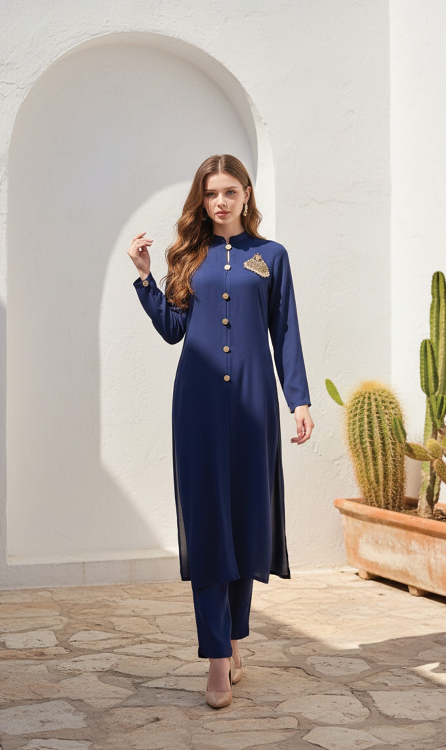 Navy Blue Front-Open Co-Ord Set with Brooch Detailing