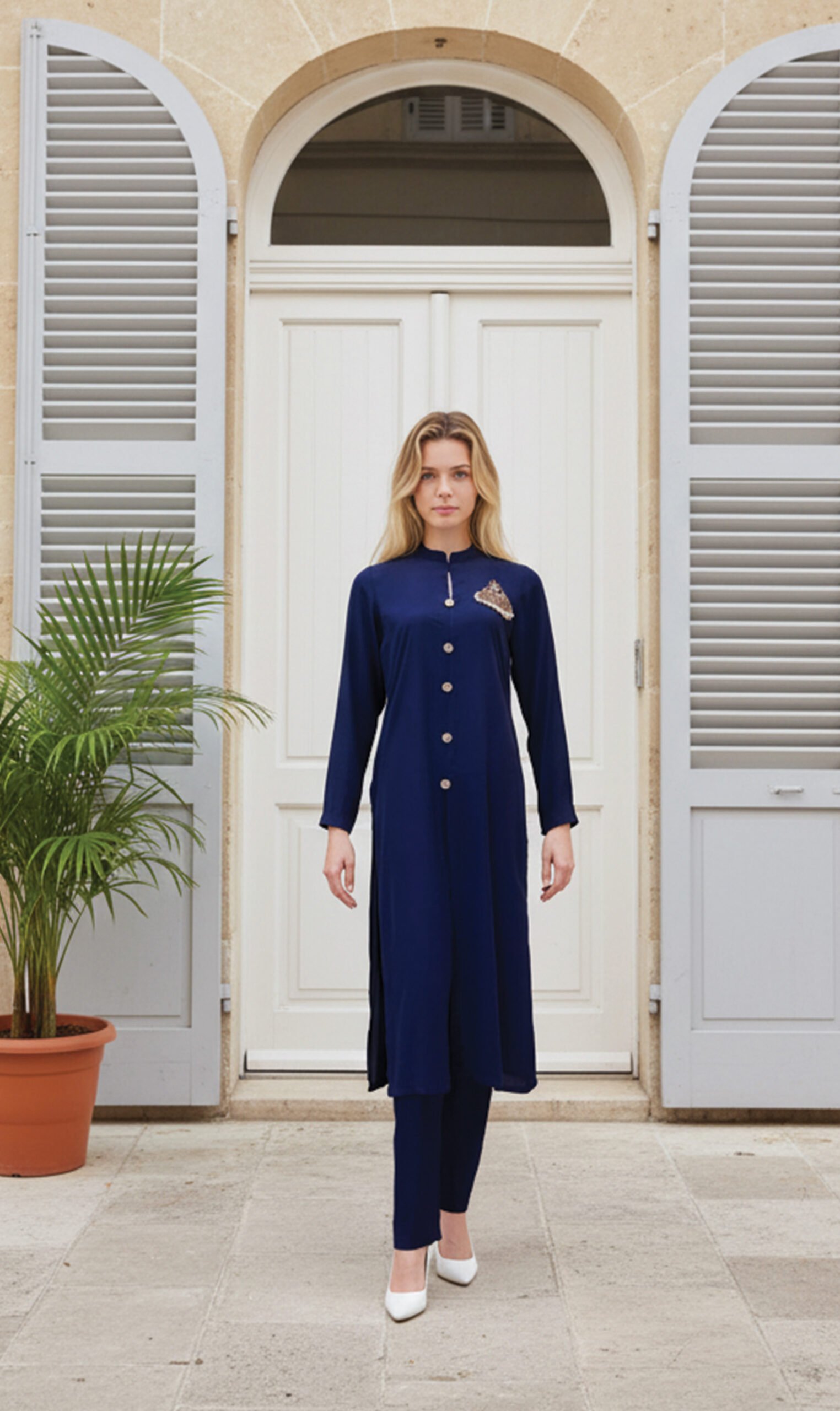 Navy Blue Front-Open Co-Ord Set with Brooch Detailing