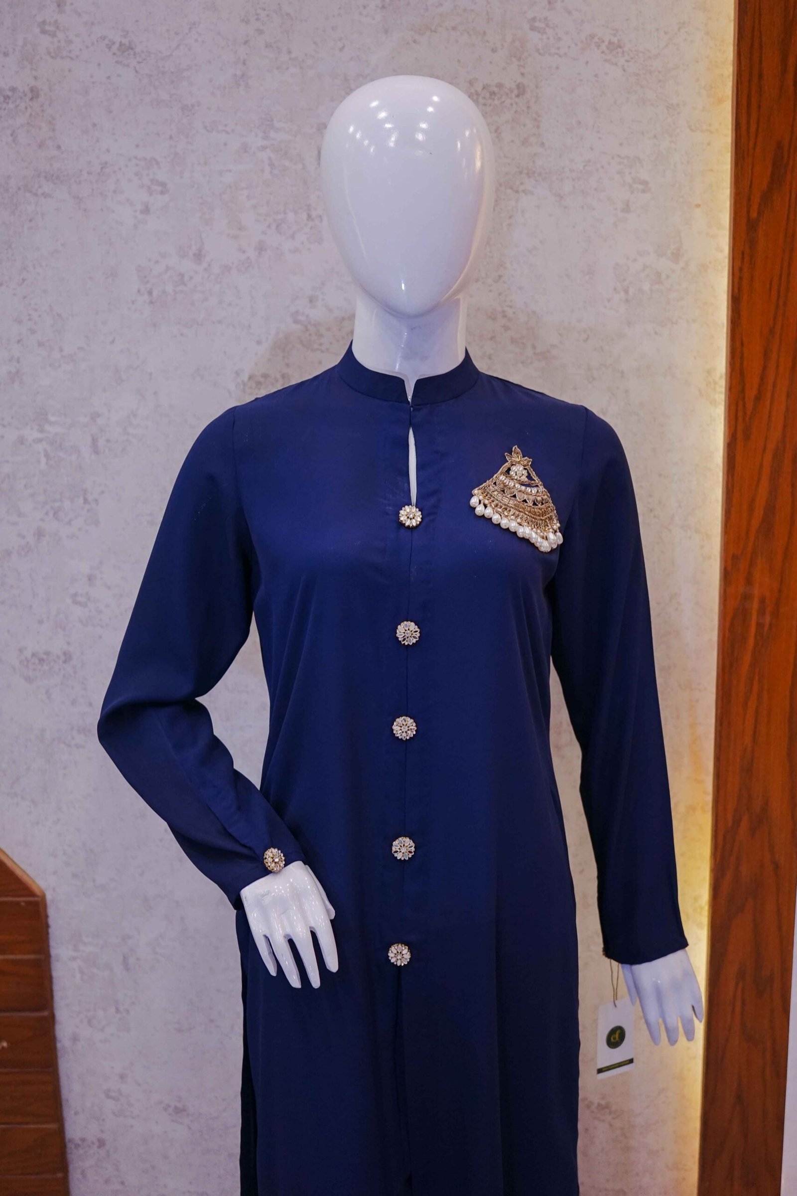 Navy Blue Front-Open Co-Ord Set with Brooch Detailing