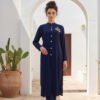 Navy Blue Front-Open Co-Ord Set with Brooch Detailing