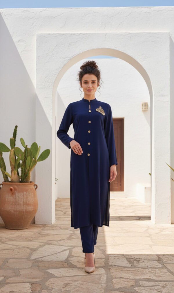 Navy Blue Front-Open Co-Ord Set with Brooch Detailing