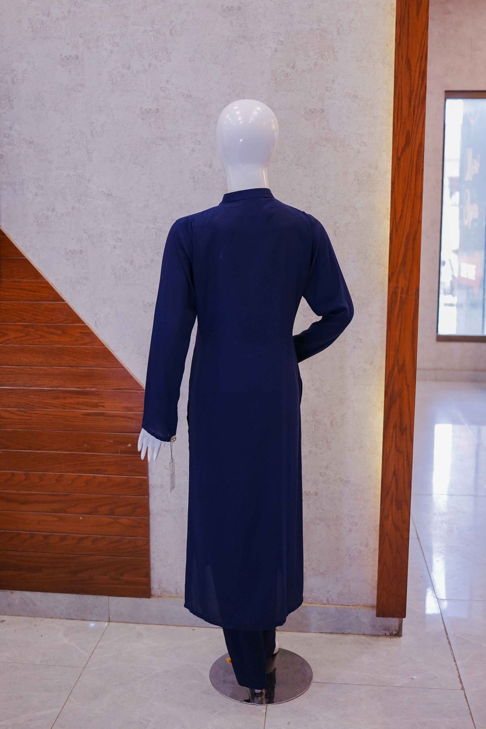 Navy Blue Front-Open Co-Ord Set with Brooch Detailing