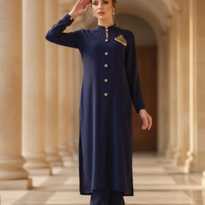 Navy Blue Front-Open Co-Ord Set with Brooch Detailing