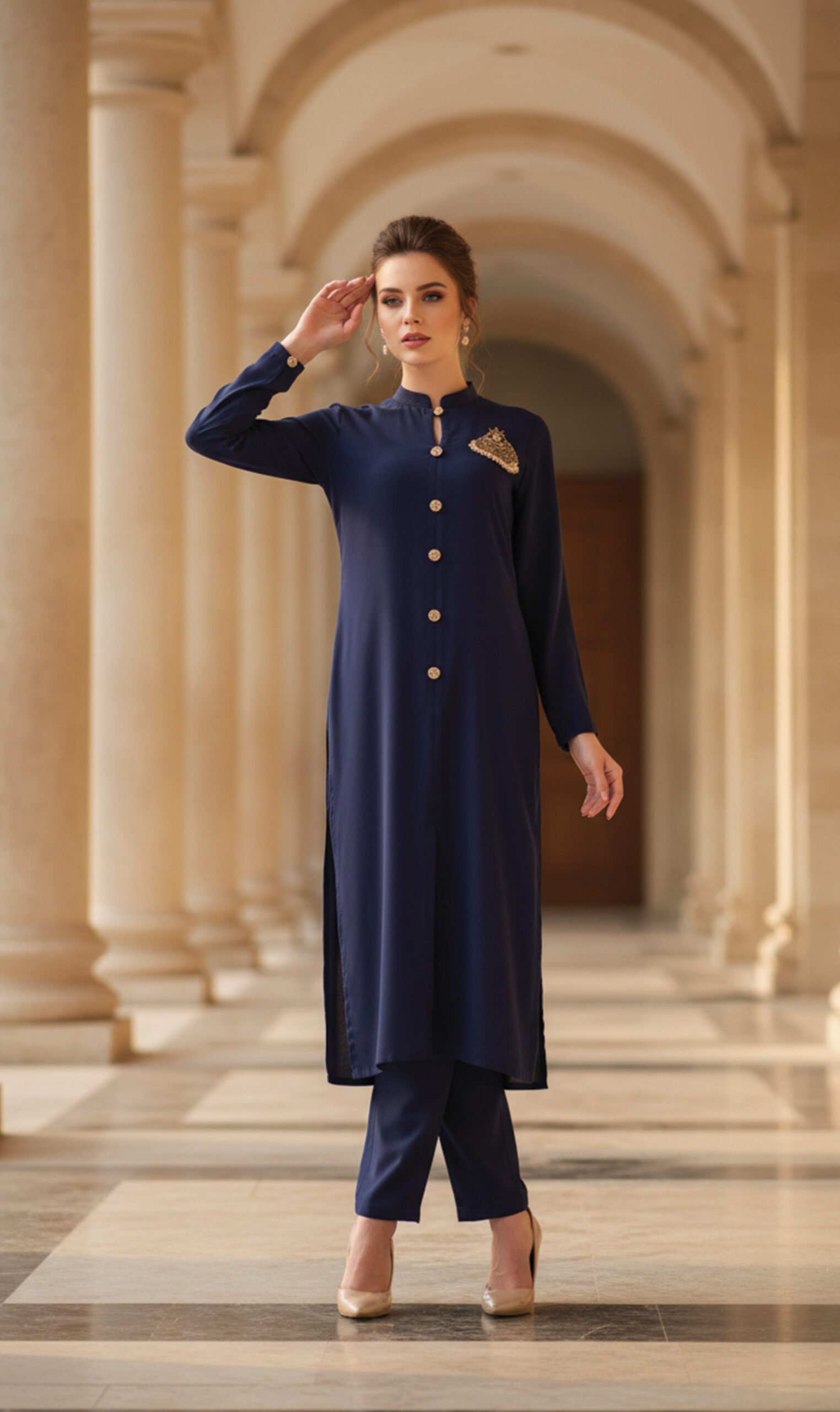 Navy Blue Front-Open Co-Ord Set with Brooch Detailing