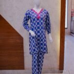 Navy Blue Printed 2-Piece Cotton Suit with Hot Pink Embroidered Neckline