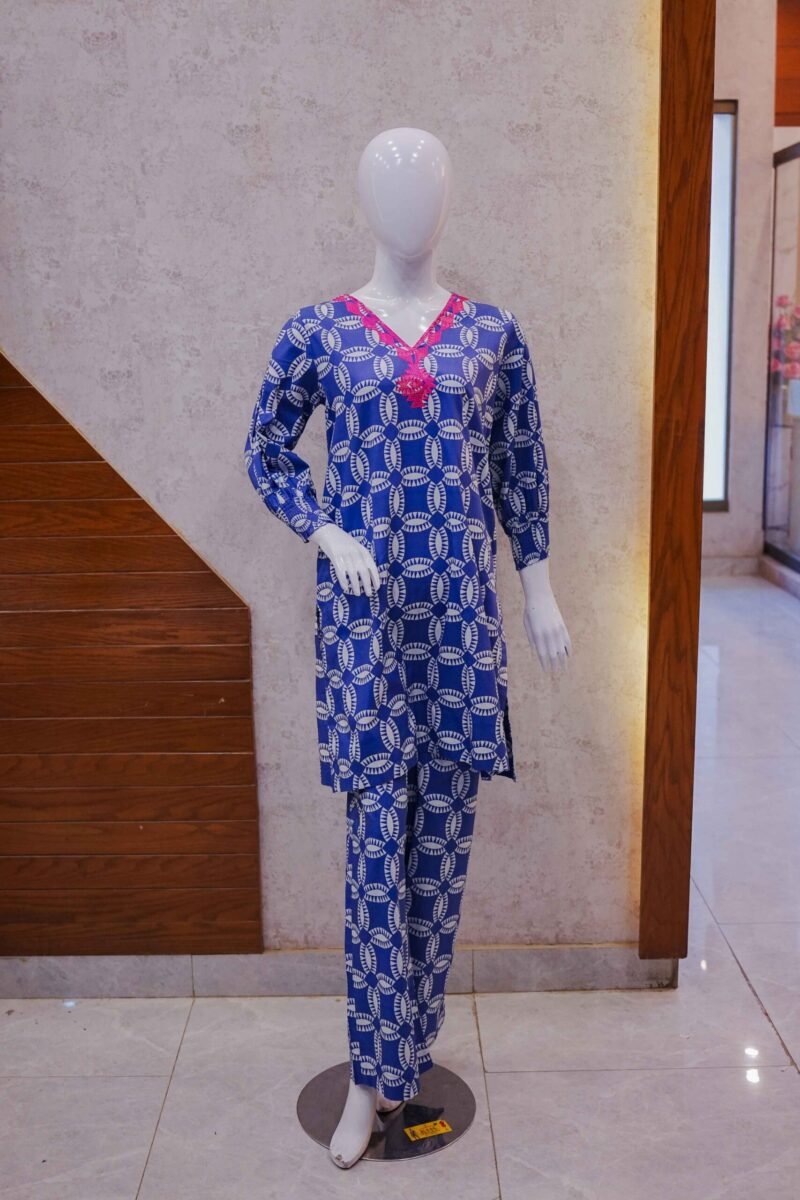 Navy Blue Printed 2-Piece Cotton Suit with Hot Pink Embroidered Neckline